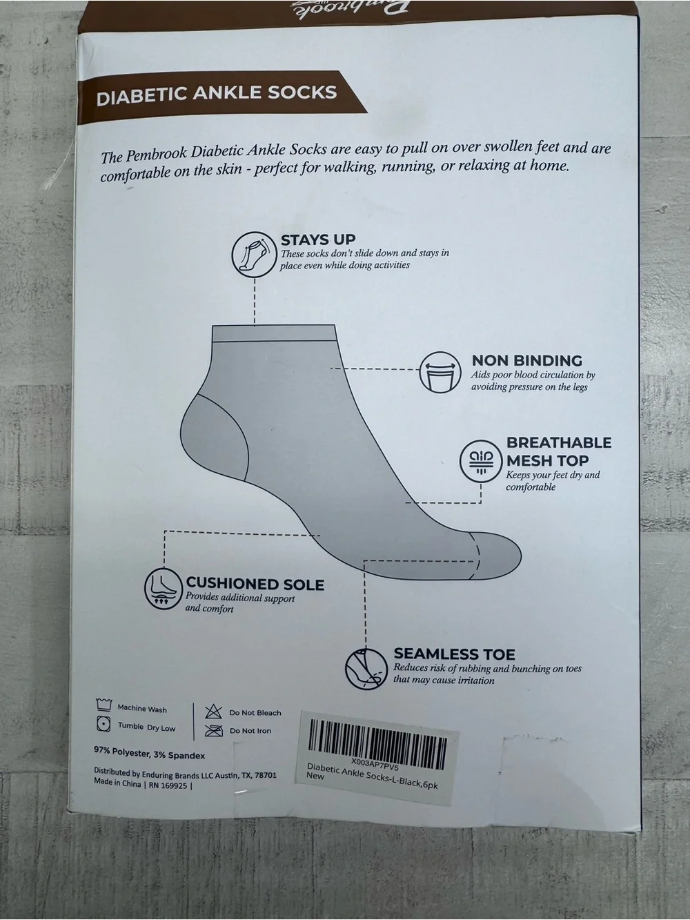 Pembrook 6 pairs Diabetic ankle socks low cut size large black